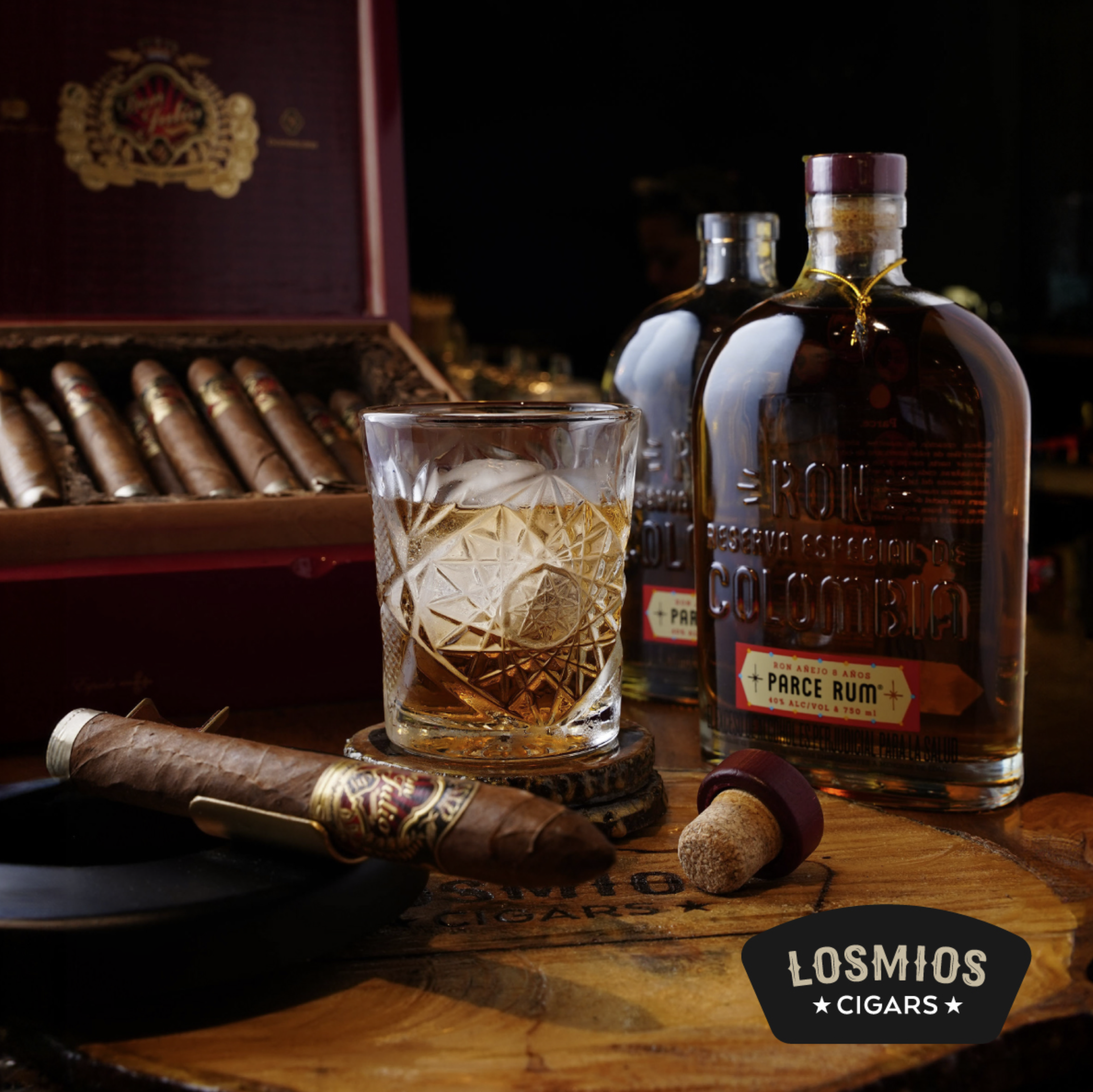 Los Mios Cigars bar in Medellín — premium cigar bar with rum, warm lighting, and luxury atmosphere for filming