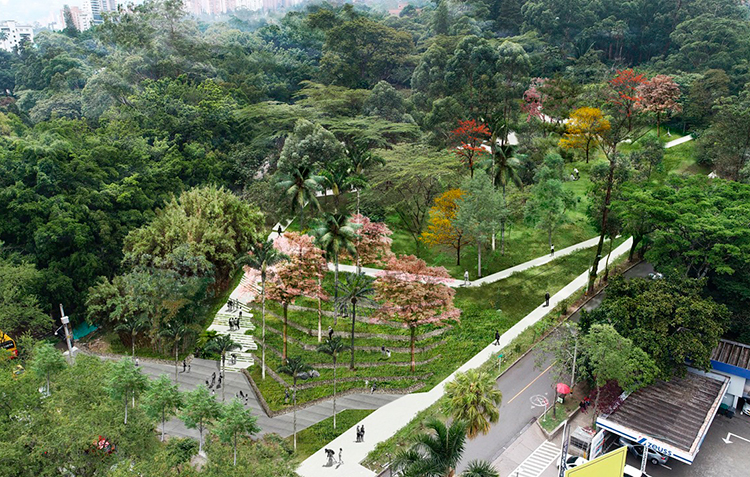 Parque La Frontera aerial view in Provenza, El Poblado, Medellín — lush green park surrounded by creative neighbourhood
